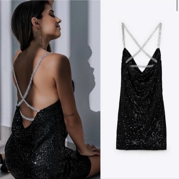 Zara Black Sequin Sold Out Mini Dress Rhinestone Straps NWT Large - Picture 1 of 10